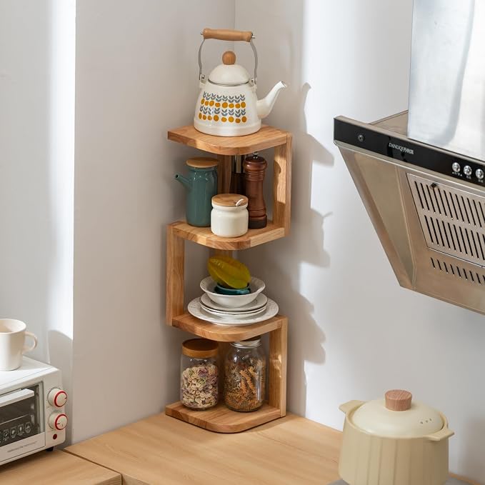 Corner Shelf Stand Desk Organizer,26.8" H Rubberwood Brown Rack for Small Spaces, Bedroom,Home Office,Kitchen,Bathroom (Natural, 4 Tier)