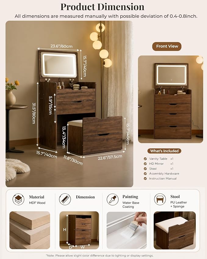 Small Vanity with Mirror and Lights for Small Space, 3-in-1 Compact Makeup Vanity Desk with Storage, Flip Top Vanity Table with Hidden Stool, 3 Color Mode, Drawers & Jewelry Organizer, Mini Vanity Set