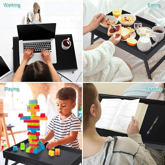 Artmeer Bed Tray Table Breakfast Food Tray with Folding Legs Kitchen Serving Tray for Lap Desks Notebook Computer Bed Platters TV Snack Tray, Adjustable (Black)