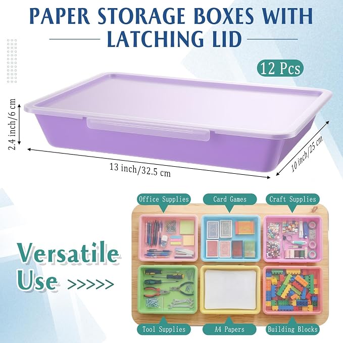 Tinlade 12 Pcs Classroom Paper Storage Bins with Clear Latching Lid, Label Stackable Letter Size Flat Tray Container for Teacher Back to School Supplies Home Office Desk Arts Crafts (Macaron,13x10in)
