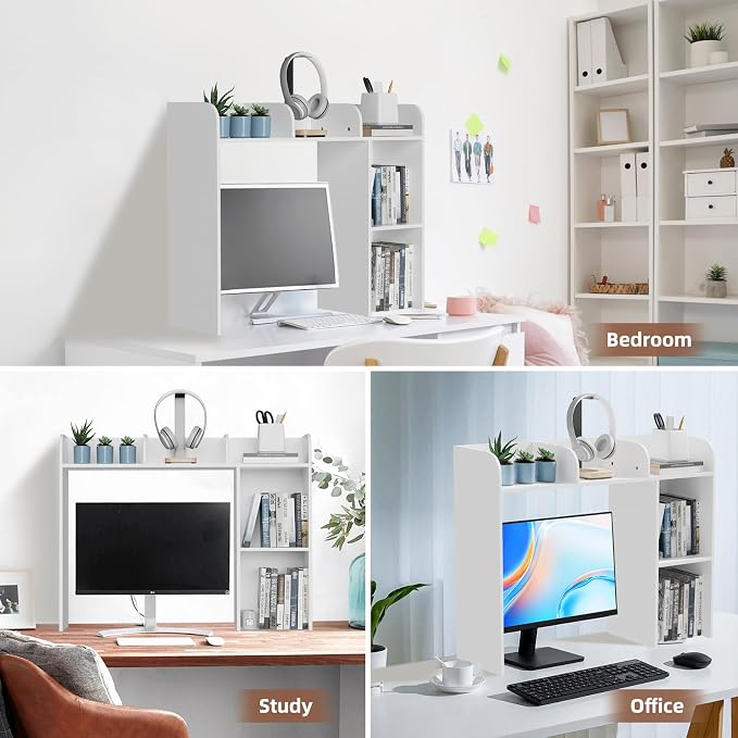 Desk Hutch Dorm White, 3-Tire Wood Desk Shelf Storage Organizer for Office Home
