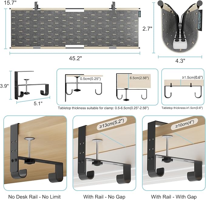 No Drill Under Desk Cable Management Tray, 45.2" Felt Cord Organizer for Table, Clamp/Screw Mount Wire Management with Privacy Panel for Standing Desk & Home Office (Khaki/Gray)