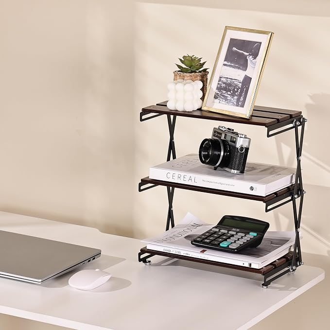 Desk Shelf Organizer 3 Tiers Wood Compact Desk Organizer Storage Rack Metal Frame Office Desk Shelf Organizers,Walnut