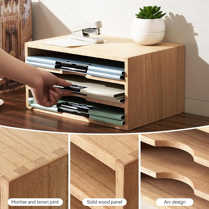 KIRIGEN Wooden Desktop Organizer, 3 Tier Solid Wood Letter Tray and Paper File Sorter for Desk, Freestanding Office Document Holder for Mail, Magazines, Folders, Natural 3KWJG-NA