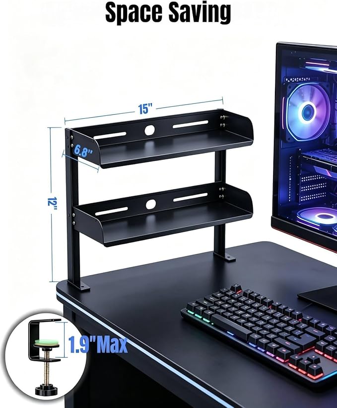 Yuxh Desk Clamp Shelf 15 Inch, Black | Space-saving, clip on or under shelf for panel tabletop, office, study room & gaming setup, easy drill-free assembly
