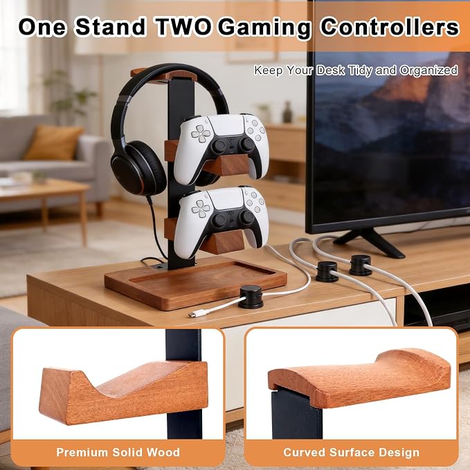 Headset Stand with Dual Controller Holder, Solid Wood Headphone Stand with Storage Base, Gaming Equipment Accessories for Desk, Controller Holder for Gamers