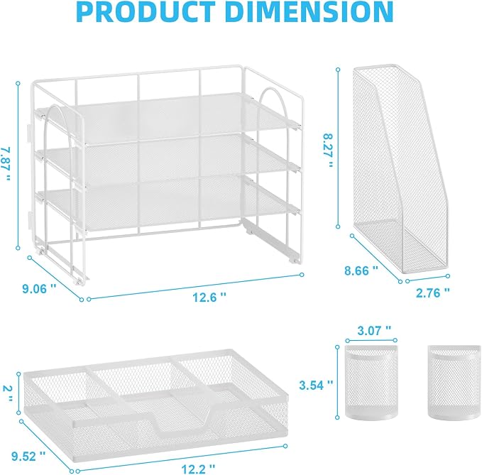 Marbrasse Desk Organizer and Accessories，4-Tier Paper Letter Tray Organizer with File Holder, Desk Accessories with Drawer and 2 Pen Holder (White, 15.4" x 9.1" x 8.3")