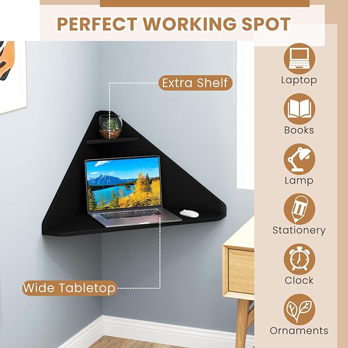 Giantex Corner Floating Desk, Wall Mounted Computer Desk with Storage Shelf, Space-Saving Writing Desk, Triangle Laptop Desk for Living Room, Study, Bedroom, Home Office & Small Spaces (Black)