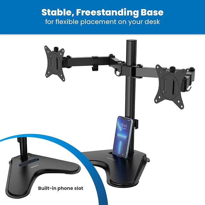 Mount-It! Dual Monitor Desk Stand Mount for 2 Screens VESA 75x75 & 100x100 | For Monitors up to 32”, Height Adjustable with Tilt, Swivel & Rotation
