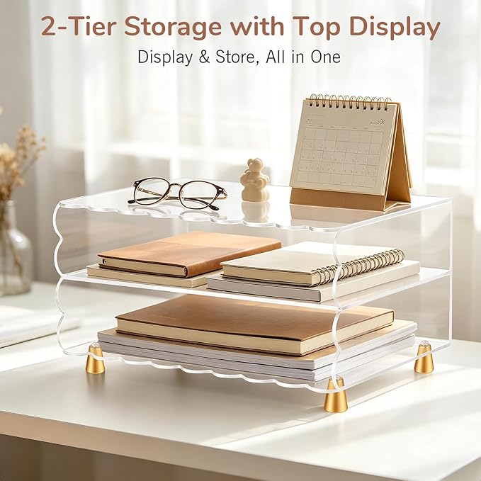 2+1 Tier Paper Letter Tray,Acrylic Desk Organizer with Scalloped Edge& Gold Metal Feet,Top Display Design,Space Saving Clear Organizer for Women, A4 File, Letter, Books,Notes,Home & Office