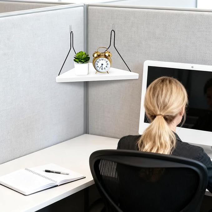Fabric Wall Cubicle Corner Shelf with Hooks 11.8 Inch Wooden Triangular Cubicle Corner Shelf for Office Fabric Walls Display Storage Hanging Organizer for Work Decor Small Planter(White，2 PCS)