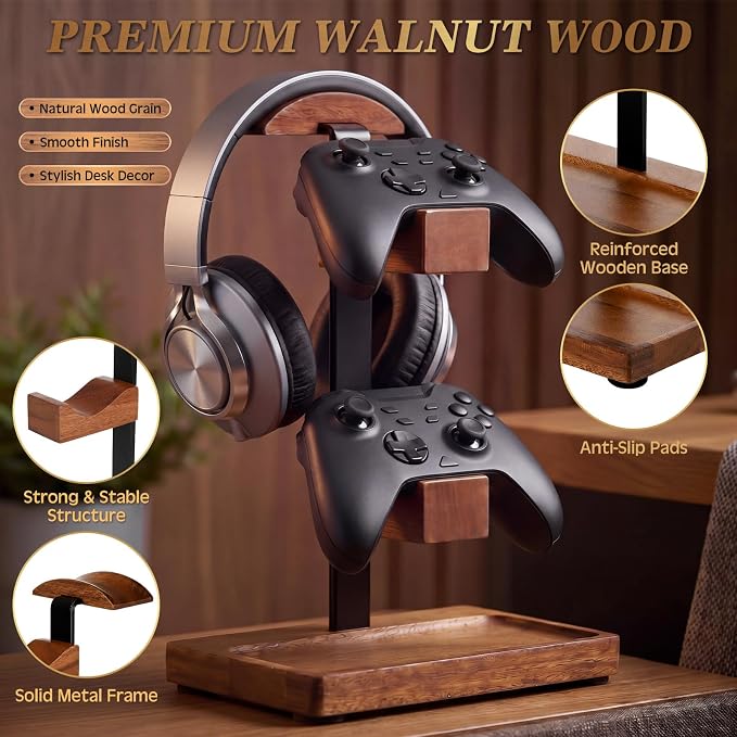 Headphone Stand with Controller Holder, Gaming Headset Stand for Desk, Walnut Headphone Holder Desk Organizer Gaming Accessories Gift for Gamers (Light Walnut)