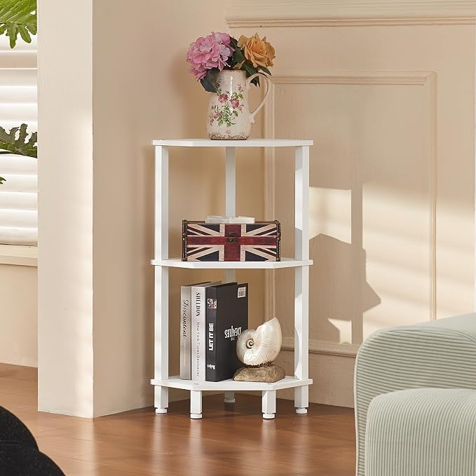 YUFAM 3-Tier Corner Shelf with Sturdy 5-Leg Base, Wooden Corner Bookshelf for Small Spaces, Small Corner Table for Living Room, Bedroom, Office, White
