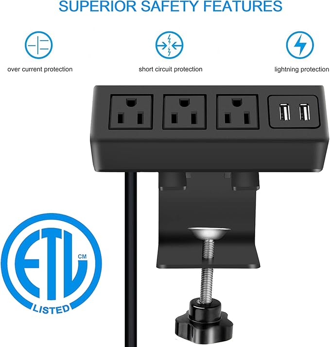 CCCEI 3 Outlet Desk Clamp Power Strip with USB Ports, Desktop Power Strip Surge Protector 1200J. Table Mount Charging Power Station, on Edge Power Outlet 125V 12A 1500W.