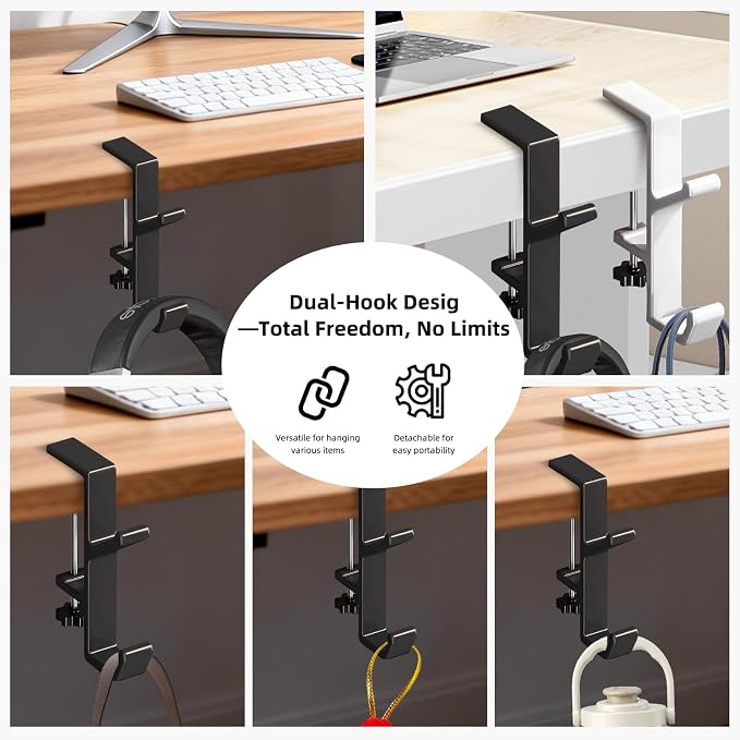 Desk Mount Bag Holder Hook Clamp,On Backpack Hanger Portable Desk Mount Headphones Holder for Reduce Desk Clutter Table Desk Table Hanging Storage (1 Pcs-Double Hook Black)