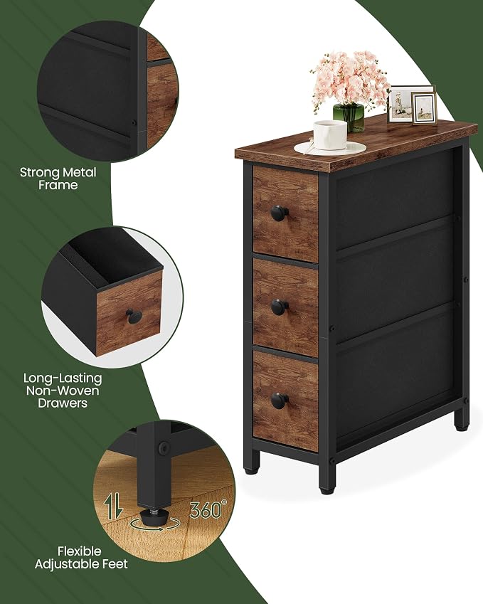 CHOEZON Narrow Side Table with 3 Fabric Drawers, Industrial Slim Bedside Table for Small Spaces, Bedroom, Living Room, Dormitory, Rustic Brown and Black TBZ09BF