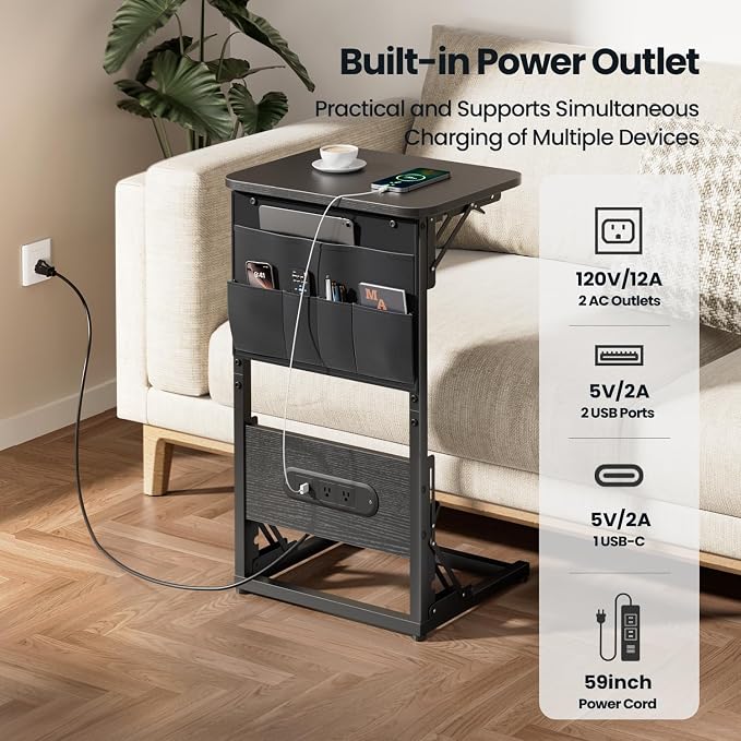HLDIRECT C Shaped End Table with Charging Station, Couch Side Table with Storage Bag, Foldable TV Tray with 2 USB Ports and Outlets for Living Room, Bedroom, Black
