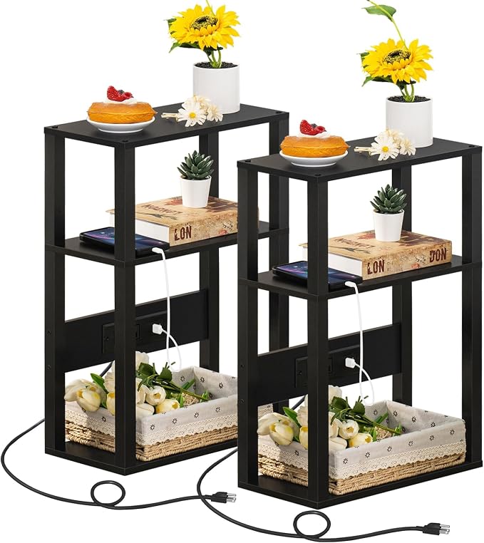 YUFAM 3-Tier Small Narrow Wood Side Table Set of 2 with Charging Station - Skinny Nightstand for Small Spaces, Slim Bedside Table with USB Ports and Outlets - Thin End Table with Storage, Black