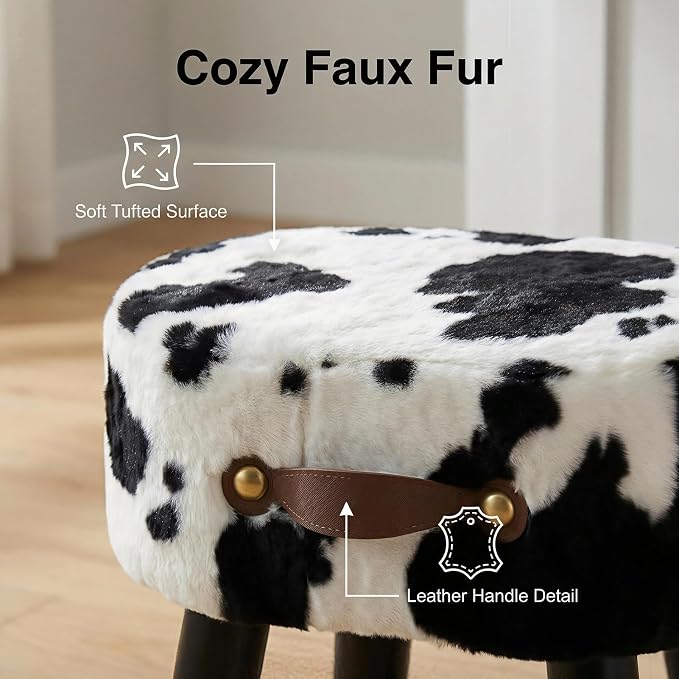 Foot Stools Small, Cow Ottomon with Handle, Velvet Footrest | Curved Foot Stool with Padded Seat Wooden Legs, Portable Foot Rest for Living Room, Bedroom, Entryway (Cow)