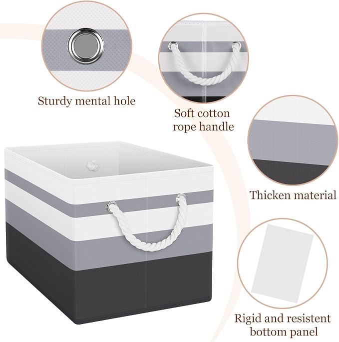 Fab totes Storage Bins 4-Pack, Foldable Storage Baskets for Organizing Toys, Books, Shelves, Closet, Large Storage Box with Rope Handles, Sturdy Organizer Bins,Gradient Grey