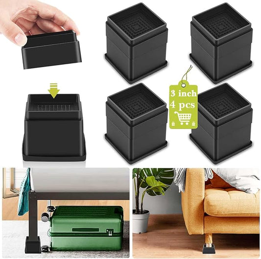 4 Pack Furniture Risers 3 Inch, Adjustable Bed Risers Heavy Duty for Table Desk Couch Chair Sofa Cabinet Bed Frame Dorm, Square Stackable Table Leg Risers Lift Height 1", 2” or 3", Black