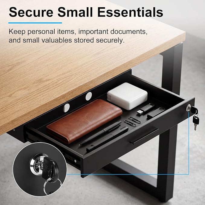Menkxi 20'' x 9'' Under Desk Drawer Slide Out Storage Organizer, Lockable Metal Desk Drawer for Laptop and Office Accessories, Large Hidden Under Table Storage Box with Cable Management, Black