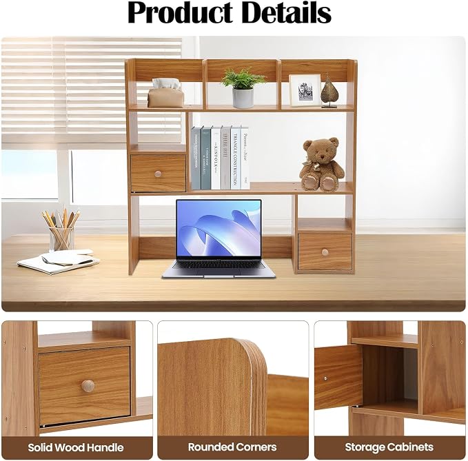 Desktop Hutch Bookshelf, 31.5 Inch Desktop Organizer Shelf with 2 Drawers & 7 Shelves, Desk Display Rack Desk Shelf for Home Office Dorm (Pine Color)