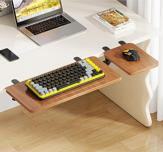 Desk Extender Tray, 10 * 7 Inch Ergonomic Clamp On Desk Extender, Mouse & Keyboard Extender for Desk, No Drill Keyboard Tray Under Desk for Home Office Workspace (Walnut, 10 * 7 Inch)