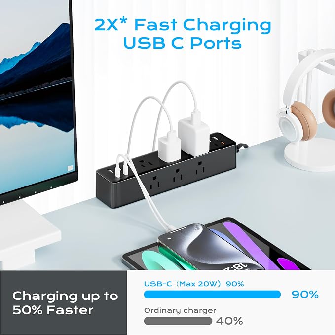 Flat Plug Desk Clamp Power Strip 10FT, 40W Total Fast Charging Station, Dual PD 20W USB C Ports, Desk Edge Mount Power Strip 9 AC Outlets 8 USB Ports(4 USB C), Fit 1.7" Tabletop Edge