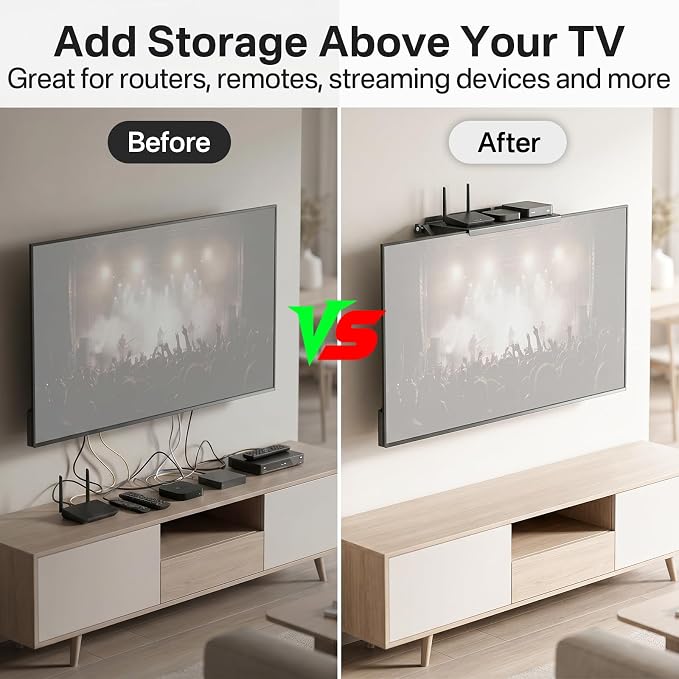 13 Inch Wide Platform TV Top Shelf for Cable Box, Adjustable Shelf for Top of TV with Remote Holder & Anti-Slip Legs, Flat Screen TV Top Shelf for Streaming Devices, Router, Media Box, Game Console