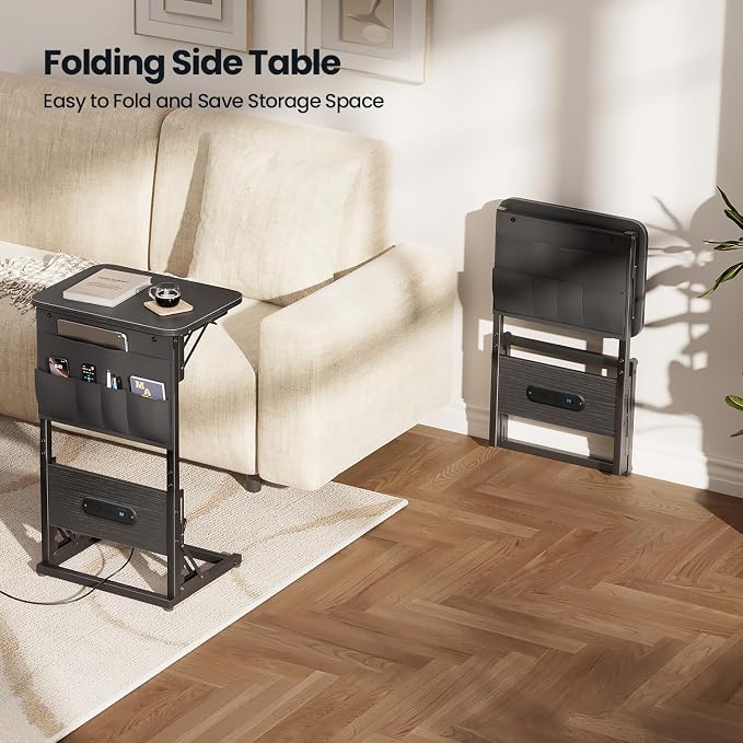 HLDIRECT C Shaped End Table with Charging Station, Couch Side Table with Storage Bag, Foldable TV Tray with 2 USB Ports and Outlets for Living Room, Bedroom, Black