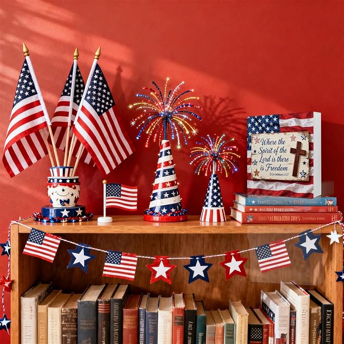 Patriotic Wooden Box Sign,Where The Spirit Is There Is Freedom 4th Of July Signs Home Decor,Independence Memorial Day Block Sign for Desk Shelf Tabletop Decor