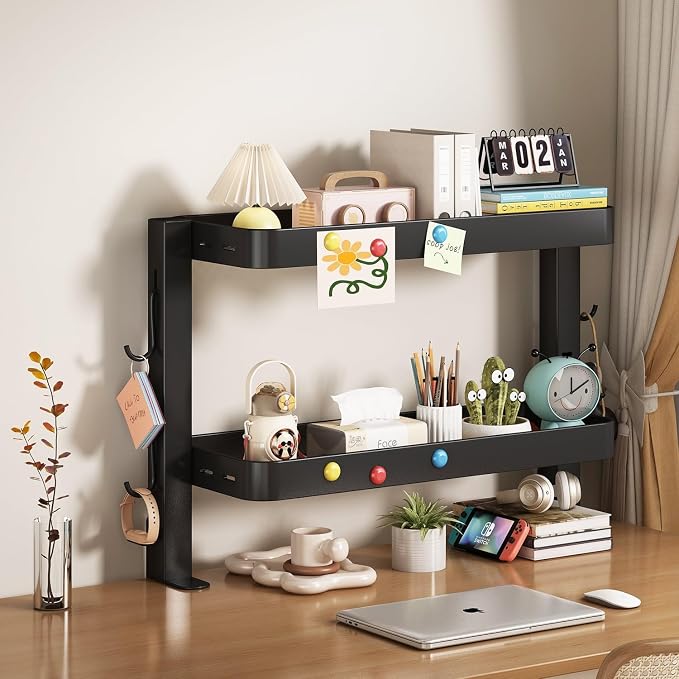 Clamp-On Desk Shelf Organizer, Adjustable 2-Tier Metal Desk Side Storage Rack with 4 Hooks, Space-Saving Desktop Caddy for Home Office, Stationery & Office Supplies (Black)