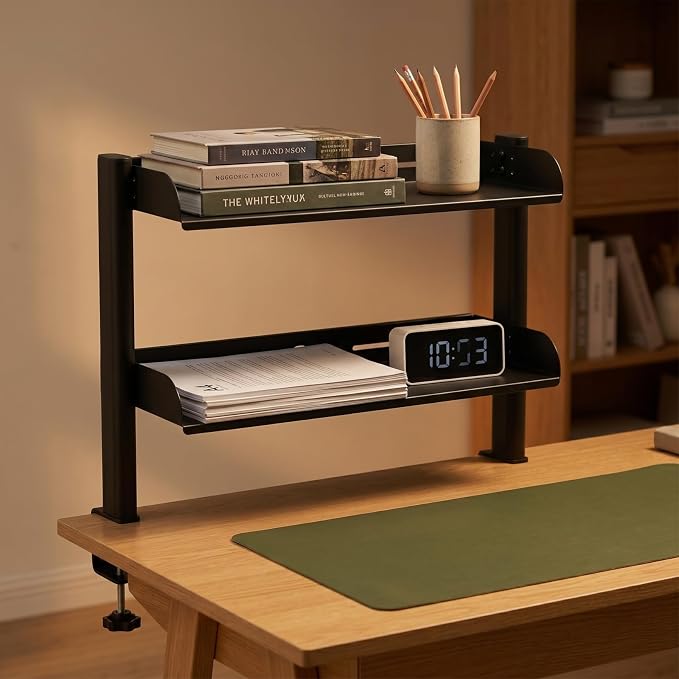 NUOBESTY Clamp On Desk Shelf, 2-Tier Metal Desktop Storage Organizer | Heavy duty black space saver. No-drill attachable hutch for gaming setup, college dorm & home office. Cable routing slots.