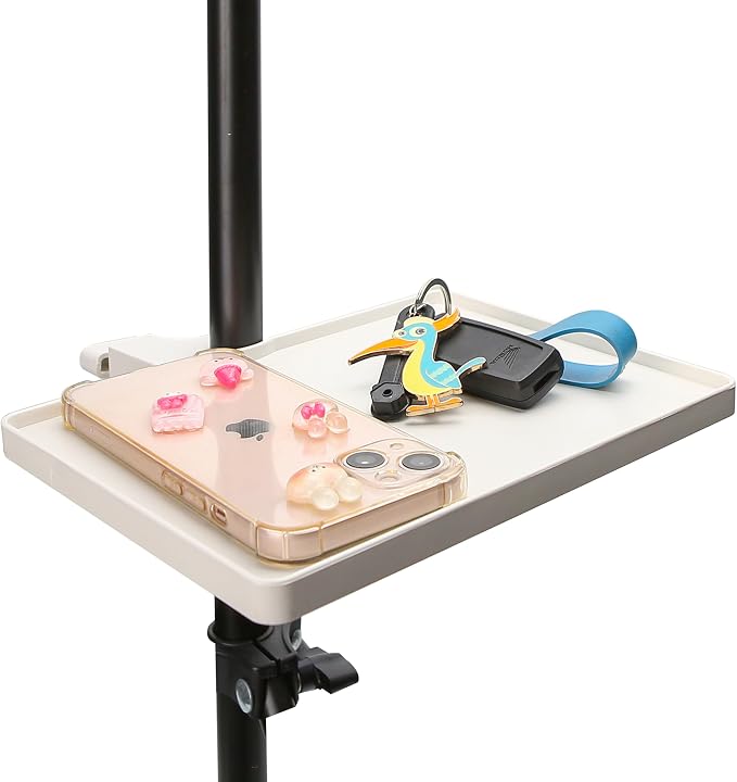 Utility Microphone Tray Holder, White Clip-On Accessories Clamp Pole Mount Shelf for Music Table, Tripod, Live Streaming Room, Karaoke, Recording, Instrument Sound Card Brackets (8.7'' x 6.5'')