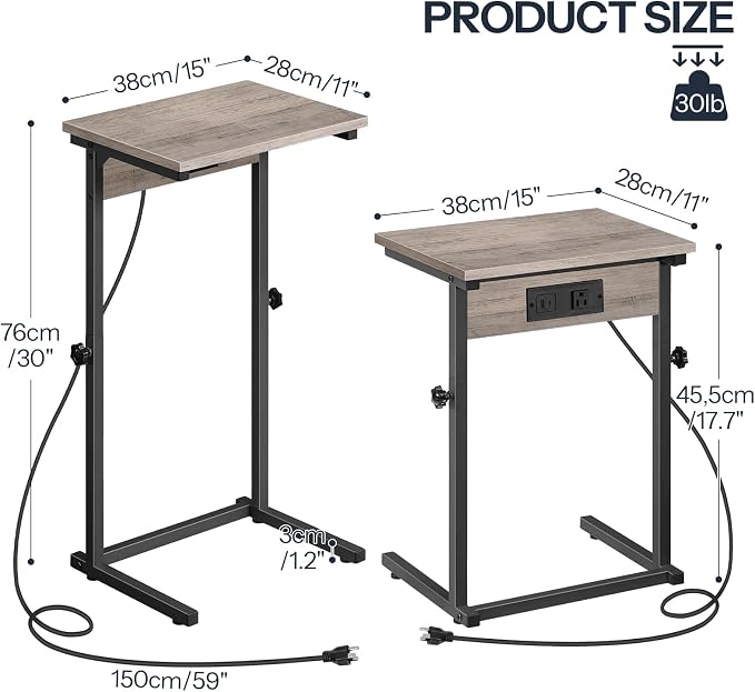 HOOBRO C-Shaped End Table with Charging Station, Adjustable Height Sofa Tray Side Table, Slide Under Couch Arm Table, Small C Side Table for Small Space in Living Room, Bedroom, Greige BG71USF01