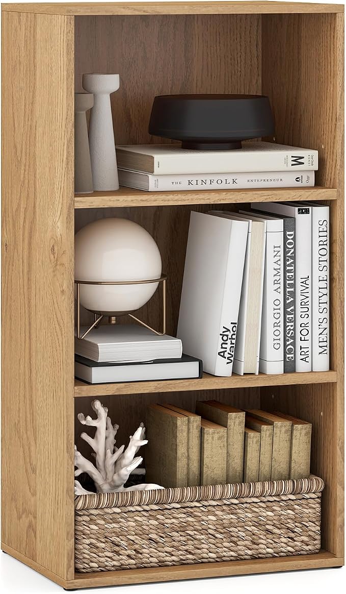 3 Shelf Bookshelf, 31.5” Small Bookcase with 2 Adjustable Shelves, Wooden Bookshelves and Bookcases, Modern Display Shelf, 3 Cube Storage Organizer for Home Office Bedroom (Natural)