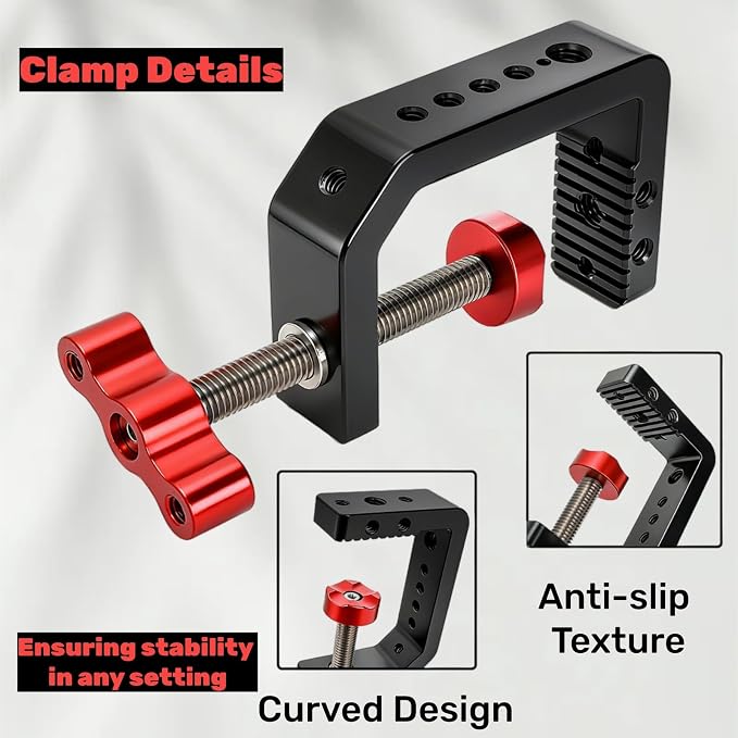 Tlence C Clamp Desk Camera Mount, Table Clamps with 1/4" and 3/8" Thread, Metal Desktop C Clamp for Light Stand, Heavy Duty Clamps Jaw for Workbench, Rods, Shelves, Bike, Fits up to 2.5" Thickness