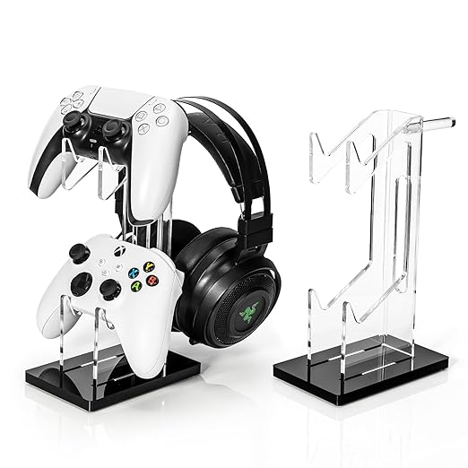 OAPRIRE Headset and Controller Stand, Space-Saving 2 Tier Game Controller Holder, Acrylic Controller and Headset Stand for Desktop, Universal Design Compatible with PS5/PS4/Xbox/Switch (Deep Black)