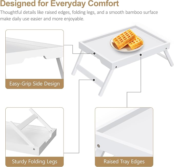 Large Breakfast Tray with Folding Legs Set of 2, 16.9" x 12.2" Bamboo Bed Tray Table with Ergonomic Wave Handles, Foldable TV Dinner Tray for Bed Couch Sofa, Breakfast, Laptop, Coffee,White