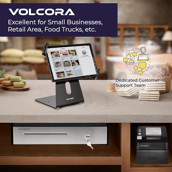 Volcora Cash Register Drawer with Under Counter Mounting Metal Bracket - 16 Black - Stainless Steel Front for POS, 5 Bill 6 Coin Removable Compartment, 12-24V RJ11/RJ12 Key-Lock, Media Slot