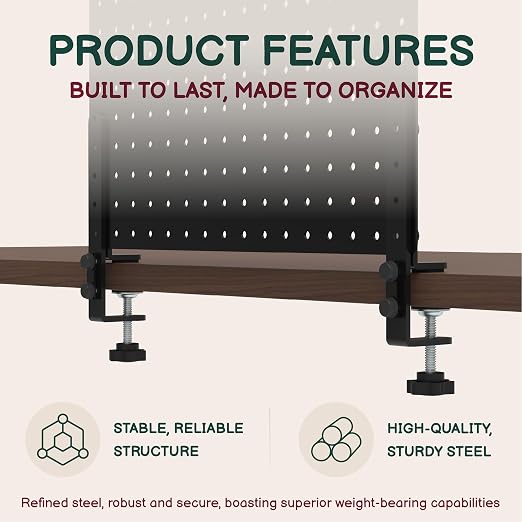 Clamp On Desk Pegboard 32" x 12" with Accessories - No Drill Metal Desktop Organizer & Privacy Panel - Vertical Storage Divider for Home Office and Gaming Setup, Black