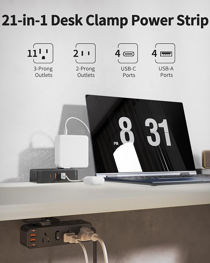 HOPOW Dual Layer Desk Clamp Power Strip with 13 AC Outlets 8 USB (4 USB C), Fit 2.75" Tabletop, Desktop Edge Mounted Surge Protector (1700J),10 Ft Extension Cord, Desk Outlet for Office Home, Black