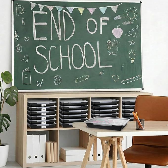 Tinlade 12 Pcs Classroom Paper Storage Bins with Clear Latching Lid, Label Stackable Letter Size Flat Tray Container for Teacher Back to School Supplies Home Office Desk Arts Crafts (Black,13x10in)