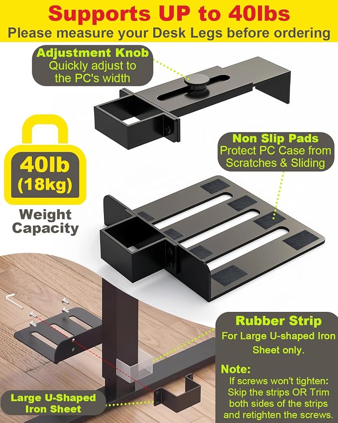 Under Desk PC Mount - No Drilling 40lb Capacity, Computer Holder Under Table, Adjustable Height and Width, Clamp-on Leg PC Holder for Standing Desk(Fits 65mm×45mm Legs only), with Non-Slip Pads, Black