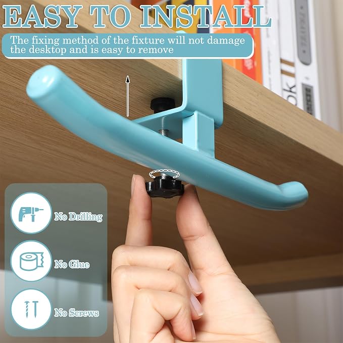 Geelin Bag Hook for Desk Table Heavy-Duty Backpack Hanger Clamp On Purse Holder Adjustable Under Desk Bag Hook for Headphones Handbag Hanger for Classroom Dorm Back to School(Blue)