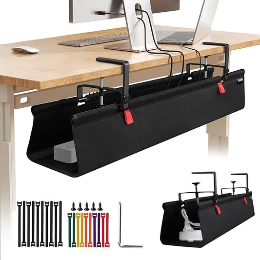 No Drill Under Desk Cable Management, 36" Desk Cable Management Tray, Standing Desk Cord Organizer Clamp Screw Mount, Cable Management Under Desk Black Fabric Desk Organizer for Home Office