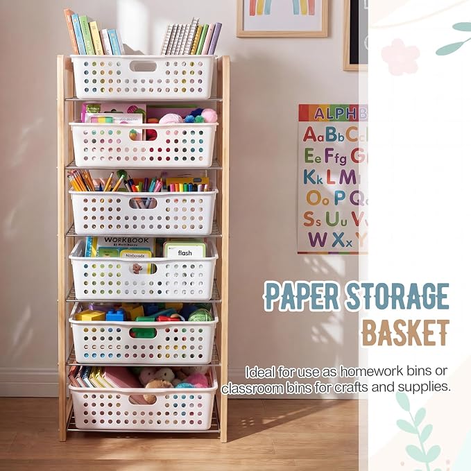 Geetery 6 Pack Classroom Storage Baskets with Handle 14''x10'' Paper Tray Holds A4 Turn in Trays Plastic Paper Baskets Desk Organizer Bin for Classroom, Library, Office, Home (White)
