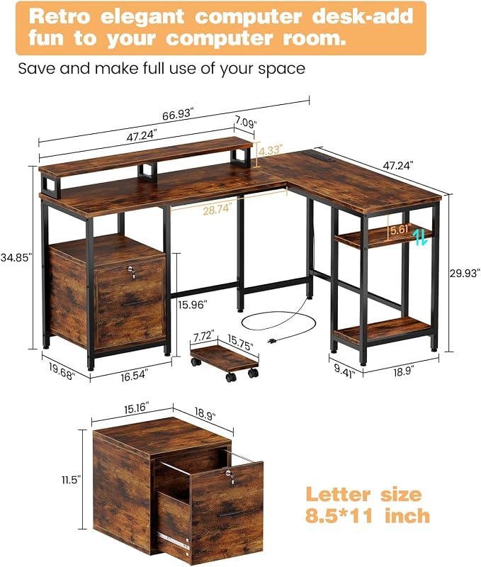 IDEALHOUSE Corner L-Shaped Computer Desk, Built-in Power Outlet & File Storage Drawer, with Monitor Shelf, Printer Storage, Mobile CPU Stand, for Home Office and Ergonomic Gaming Setup, Vintage Brown