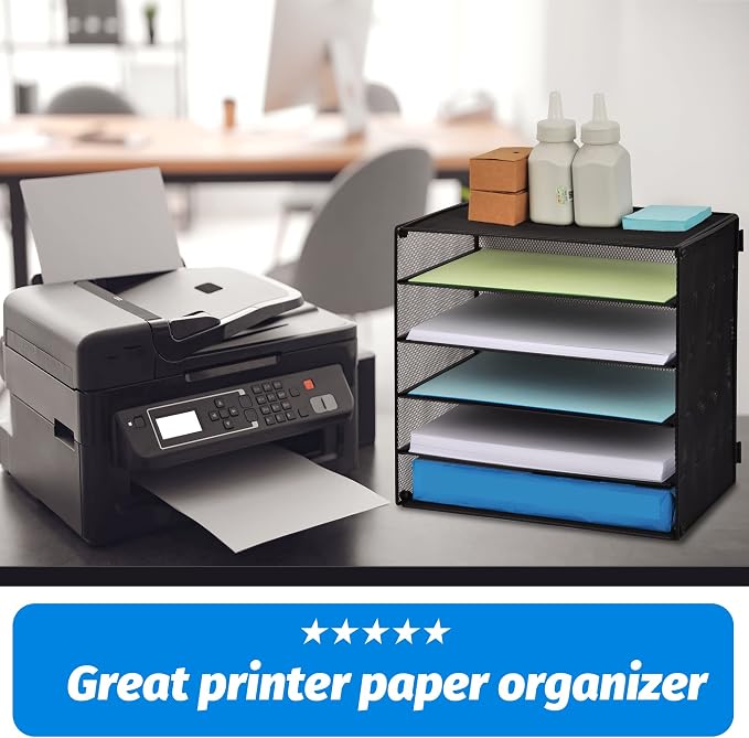 EASEPRES 5 Slot Mesh Desk Organizer Tray, File Paper Letter Folder Holder Desktop Paper Sorter Mail Organization Rack Storage Accessories, for Office Home School Classroom, Black